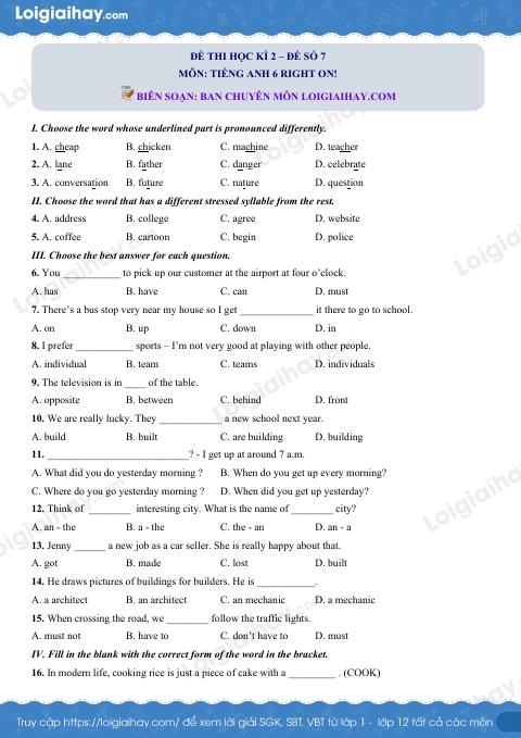 Đề thi giữa kì 2 Tiếng Anh 6 Right on! - Đề số 7